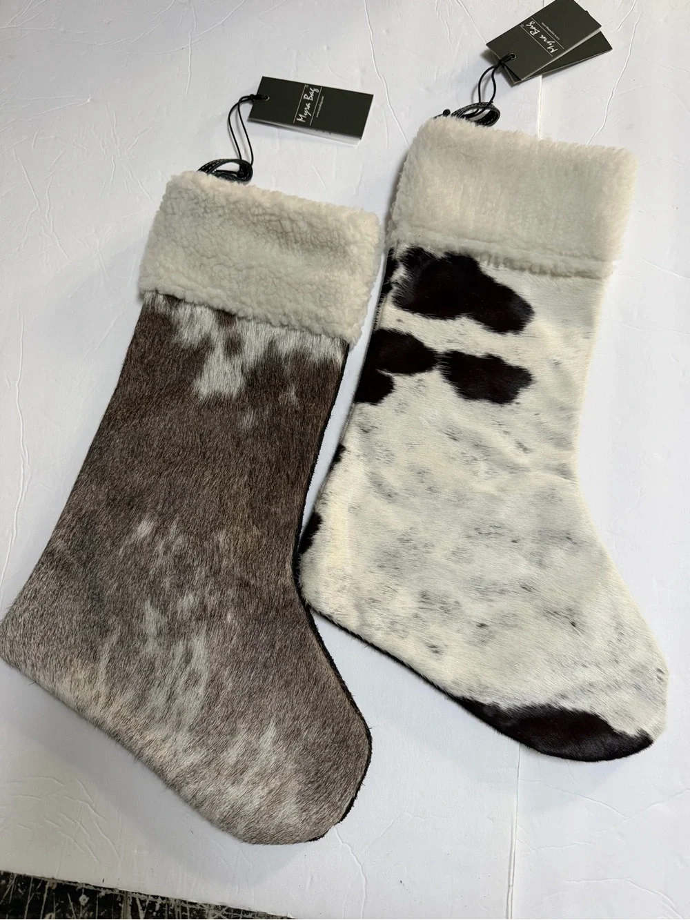 Pair Cowhide Fur Christmas Stockings - Neutral Brown & White